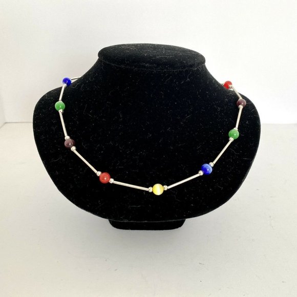 Colorful Laser Glass Bead and Silver Tone Bar Adjustible Length Necklace 16”-19” - Picture 2 of 3